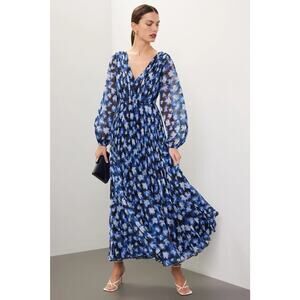 ML Monique Lhuillier Dress Size 4 Blue Black Floral Maxi FLAWED